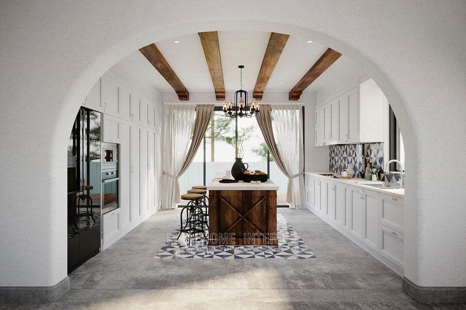 Chính giữa mẫu thiết kế nội thất phòng bếp chính là chiếc bàn đảo bếp gỗ tự nhiên. Bàn đào bếp được Morehome thiết kế vừa làm quầy bar thu nhỏ, vừa làm bàn ăn, vừa làm để đồ Thiết kế và sản xuất tủ bếp đẹp