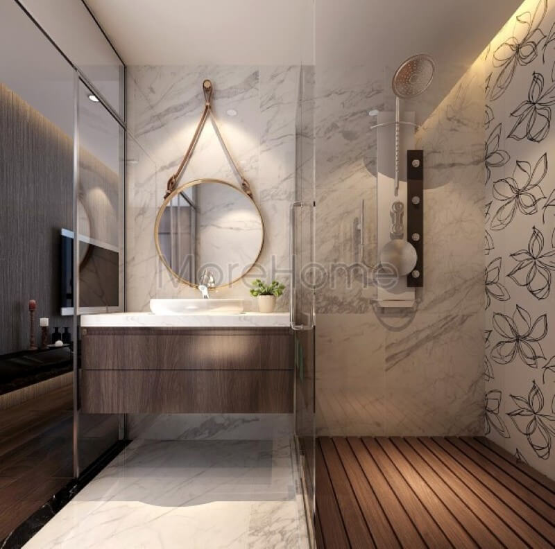 Đá ốp tủ lavabo nhân tạo màu trắng không chỉ mang lại sự sang trọng còn giúp cho gia chủ dễ dàng lau chùi vệ sinh hơn Đá ốp lavabo