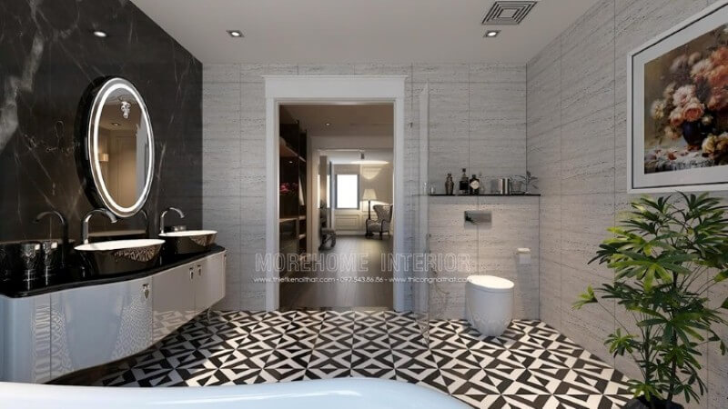 Đá ốp tủ lavabo solid surface cao cấp màu đen mang lại cho không gian phòng tắm thêm phần sạch sẽ và hiện đại hơn Đá ốp lavabo