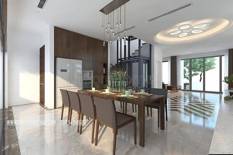 Thiết kế nội thất phòng ăn biệt thự cao cấp với sự xuất hiện của bộ bàn ăn 8 ghế tạo điểm nhấn nổi bật cuốn hút Thiết kế phòng ăn biệt thự