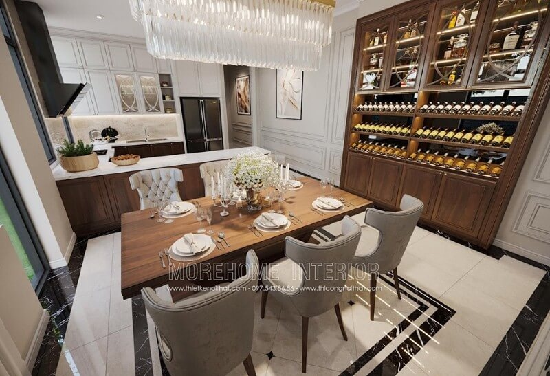 Đèn trang trí thủy tinh cao cấp tạo vẻ đẹp sang trọng, quý phái cho không gian phòng ăn đương đại. Thiết kế phòng ăn biệt thự
