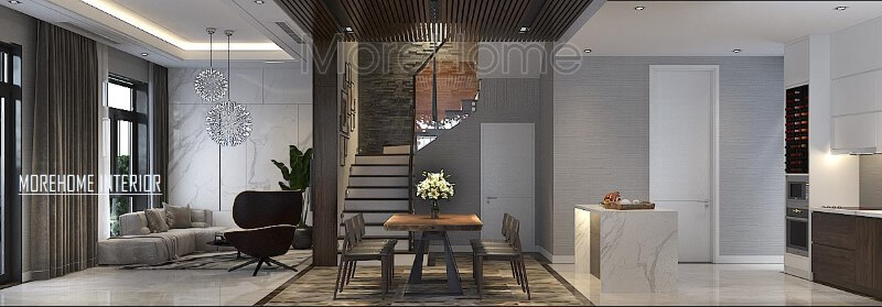 Phối cảnh bố trí hiện đại đẹp cho biệt thự nhà phố với ý tưởng thiết kế phòng khách liền bếp ăn. Thiết kế phòng ăn biệt thự