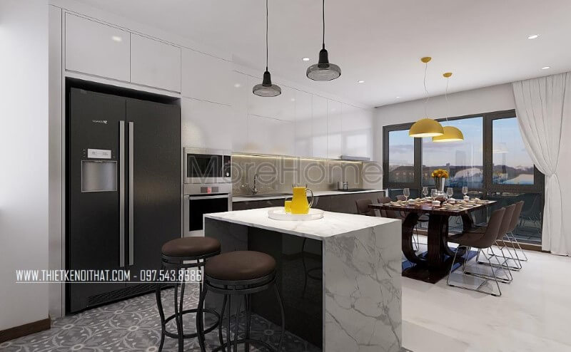 Bố trí nội thất phòng ăn, phòng bếp xen kẽ tạo nên nét đẹp hiện đại, độc đáo cho biệt thự, nhà phố. Thiết kế phòng ăn biệt thự