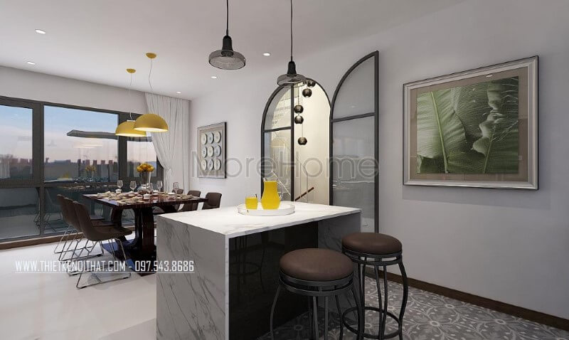Thiết kế phòng bếp đảo kề phòng ăn mang phong cách hiện đại, đẹp, sang trọng. Thiết kế phòng ăn biệt thự