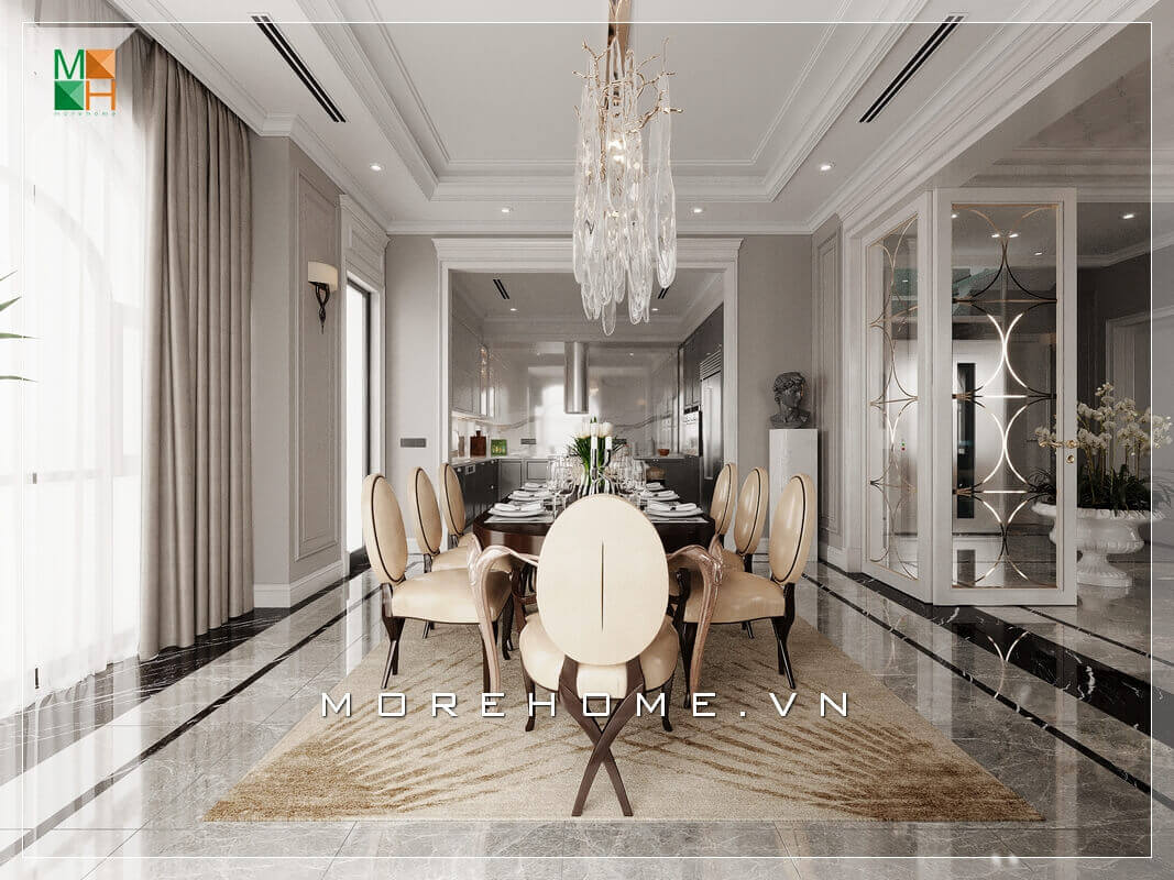 Mẫu bàn ăn gỗ 8 ghế ăn bọc da chân gỗ óc chó cao cấp biến phòng ăn trở nên thêm sang trọng và đẳng cấp. Thiết kế phòng ăn biệt thự