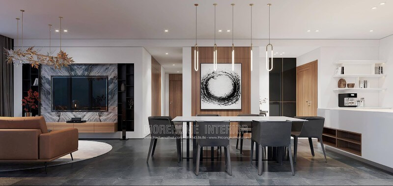 Mẫu bàn ghế ăn gỗ công nghiệp mang đến cho gia chủ một không gian dùng bữa lãng mạn mà không kém phần ấm áp Mẫu nội thất chung cư đẹp