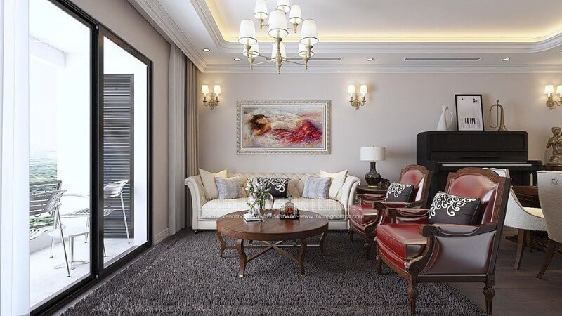 Phòng khách hoàn hảo với những mẫu đồ nội thất tân cổ điển bằng chất liệu gỗ tự nhiên và da cao cấp Mẫu nội thất chung cư đẹp