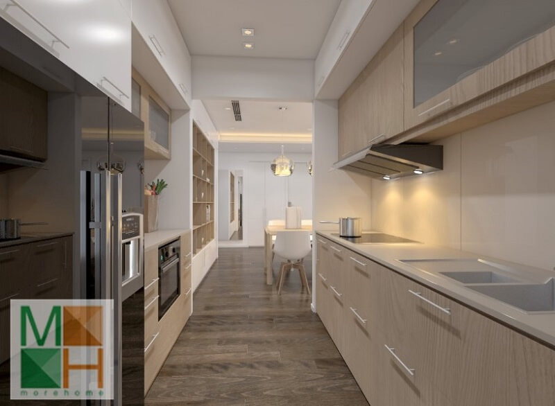 Mẫu thiết kế hệ tủ bếp gỗ hiện đại sử dụng gỗ công nghiệp An Cường cao cấp màu sáng mang đến vẻ đẹp cho phòng bếp Mẫu nội thất chung cư đẹp