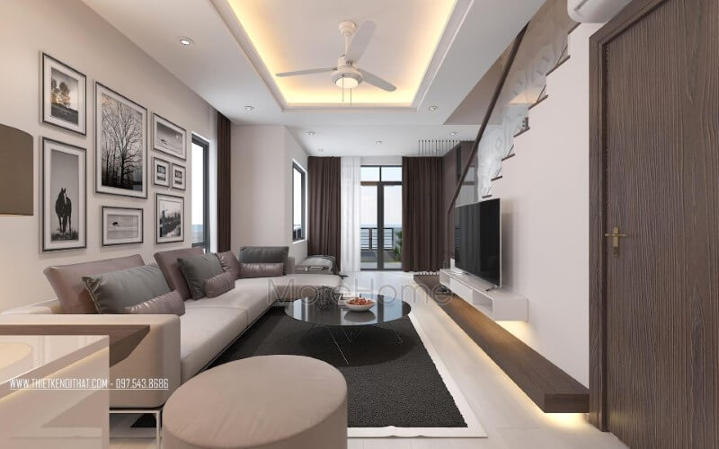 Sofa góc L bọc da cao cấp tạo điểm nhấn sang trọng cho phòng khách hiện đại. Mẫu thiết kế phòng khách đẹp được lựa chọn nhiều nhất