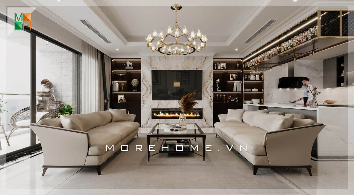 Mẫu kệ gỗ trang trí 2 bên cạnh tivi rất tiện lợi, vừa là kệ để đồ trang trí vừa thể hiện tính thẩm mỹ. Mẫu thiết kế phòng khách đẹp được lựa chọn nhiều nhất