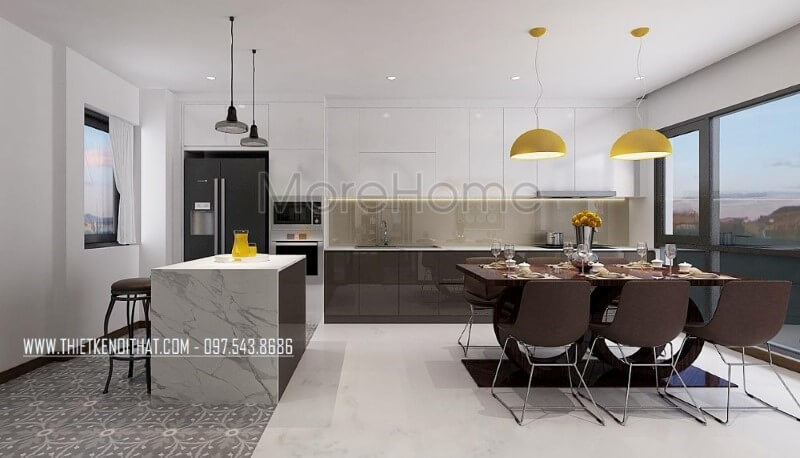 Tủ bếp đảo gỗ công nghiệp hiện đại lồng được bố trí khá đặc biệt với đảo bếp thiết kế theo cạnh chữ L với tủ bếp và nhường chỗ cho bộ bàn ghế ăn vừa tạo nên sự tiện nghi vừa mang lại không gian hài hòa, đẹp mắt, sang trọng. Thiết kế tủ bếp nhà phố sang trọng