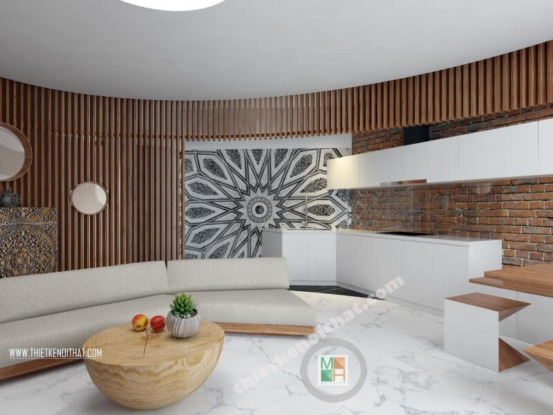 Thiết kế nội thất không gian bếp thay vì các mẫu tủ bếp cổ điển với nhiều chi tiết trang trí là thiết kế bếp hiện đại đa năng với thiết kế phẳng, sáng màu không tay nắm giúp không gian bếp được mở rộng và thông thoáng hơn. Thiết kế nhà bếp tiện nghi