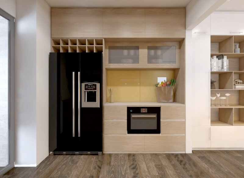 Hệ tủ bếp gỗhiện đại với tông màu sáng trẻ trung được nhiều khách hàng yêu thích và sử dụng Tủ bếp chung cư