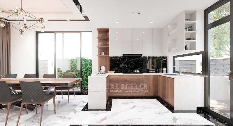 Mẫu tủ bếp hiện đại được thiết kế ấn tượng với sự phân chia khoa học mang lại sự thuận tiện cho người nấu. Tủ bếp hiện đại đẹp