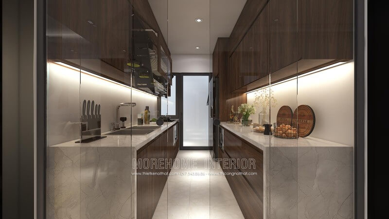 Tủ bếp gỗ công nghiệp kiểu dáng chữ i nhỏ gọn được đặt song song với nhau phù hợp với không gian nhà bếp nhỏ cũng như tạo thuận tiện hơn cho người nấu nướng di chuyển Tủ bếp hiện đại, tủ bếp chữ u, tủ bếp chữ i, tủ bếp chữ l