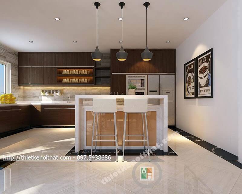 Mẫu tủ bếp gỗ công nghiệp màu nâu với thiết kế dài chữ L cho phòng bếp mang đến sự tiện nghi cho người nội trợ Tủ bếp hiện đại, tủ bếp chữ u, tủ bếp chữ i, tủ bếp chữ l