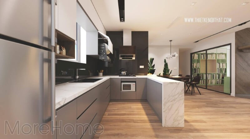 Nội thất phòng bếp chung cư hiện đại với các thiết bị nội thất bếp tiên nghi , đa năng đáp ứng như cầu của người nội trợ Mẫu nội thất chung cư hiện đại