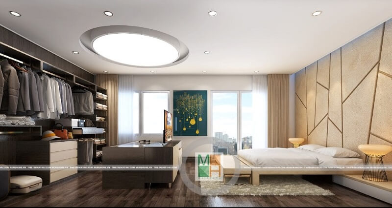 Mẫu thiết kế nội thất phòng ngủ chung cư đẹp, sang trọng với bức tường đầu giường cách điệu màu vàng, kết hợp trần thạch cao và hiệu ứng ánh sáng tinh tế mang đến một không gian nghỉ ngơi lí tưởng Mẫu nội thất chung cư đẹp