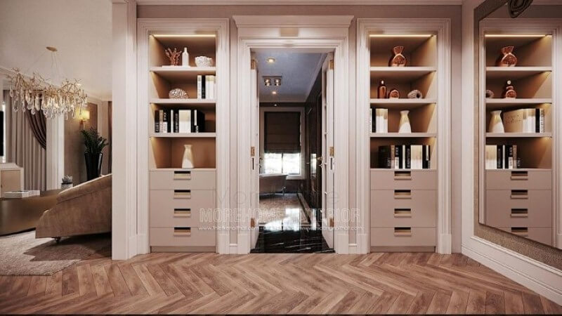 Tủ kệ đựng đồ gỗ tự nhiên đẹp, sang trọng cho phòng ngủ master liền phòng tắm. Mẫu nội thất biệt thự đẹp