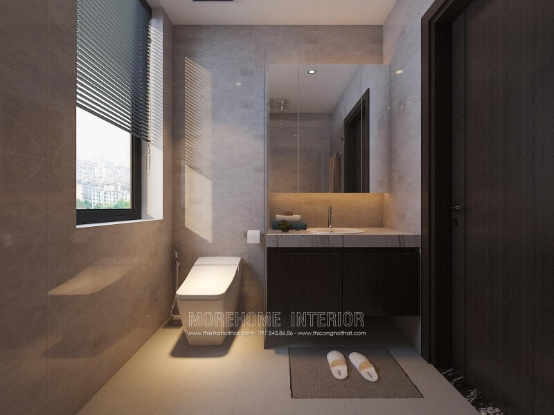 Tủ phòng tắm sẫm màu kết hợp cùng mặt bàn đá lavabor cùng thiết kế hiện đại giúp cho phòng tắm nhỏ trở nên đẹp, sang trọng và đầy tiện ghi. Mẫu nội thất biệt thự đẹp