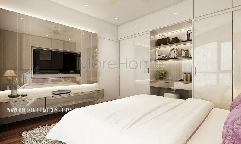 Bố trí nội thất phòng ngủ đẹp, sang trọng với kệ tivi hiện đại nổi bật cùng gạch ốp tường cao cấp. Mẫu nội thất biệt thự đẹp