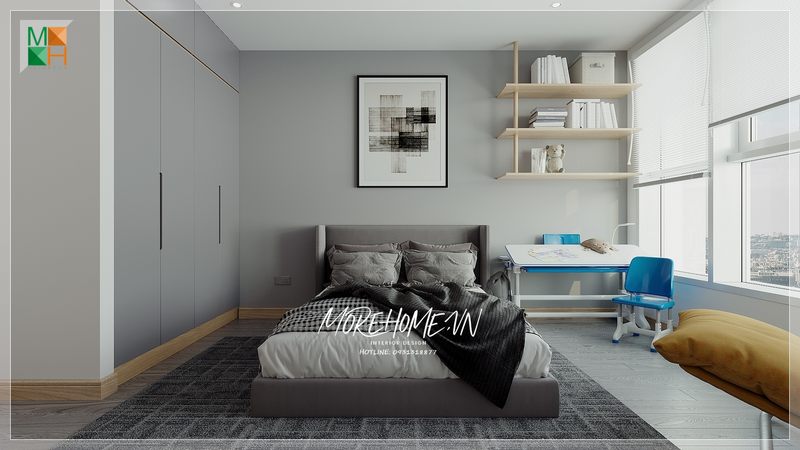 Giường ngủ màu xam hợp với tone màu của căn phòng vì vậy bạn sẽ có cảm giác dễ chịu thoải mái khi bước chân vào phòng.