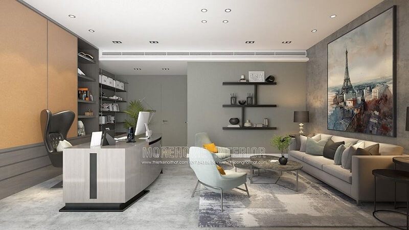 Nội thất với phòng giám đốc đẹp với bộ sofa da màu kem đẹp kết hợp bức tranh nghệ thuật đẹp tạo điểm nhấn được đáo cho căn phòng