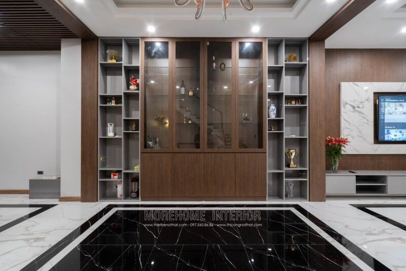 Morehome thi công hoàn thiện hệ tủ gỗ trang trí nội thất phòng khách biệt thự 4 tầng Nghệ An