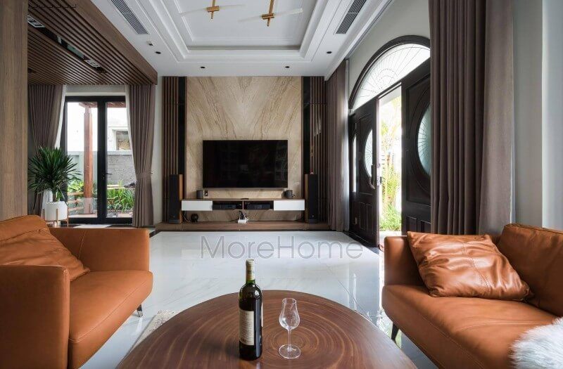 Thi công đá ốp vách tivi phòng khách tại biệt thự Vinhomes Imperia Hải Phòng