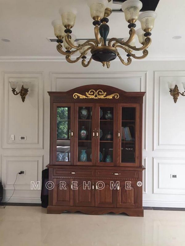 Sản phẩm tủ rượu gỗ tự nhiên phong cách tân cổ điển được thi công lắp đặt hoàn thiện tại biệt thự Ecopark Hưng Yên