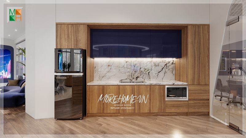 Trang trí văn phòng làm việc có bếp riêng tiện lợi cho sử dụng quá trình nấu nướng ăn uống của nhân viên.