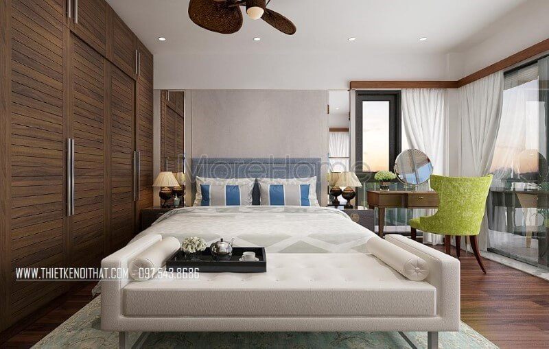 Giường ngủ bọc nệm đầu giường sử dụng sắc xanh dương trẻ trung mang lại ánh nhìn độc đáo cho không gian phòng ngủ master