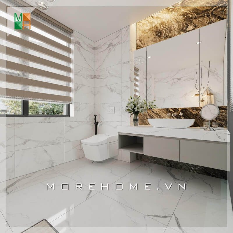 Mẫu gạch lát sàn và ốp tường giả vân đá cao cấp tôn vẻ sang trọng cho nhà vệ sinh.