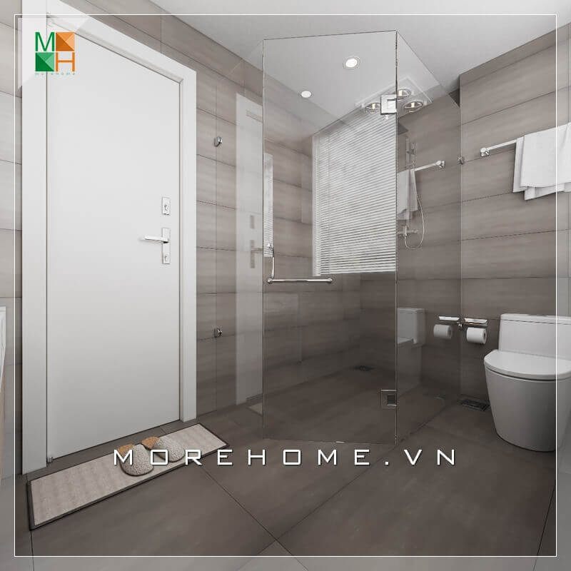 Mẫu gạch lát sàn và ốp tường bằng gạch giả vân gỗ hiện đại, khiến căn phòng tắm trở nên cao cấp và sang trọng.