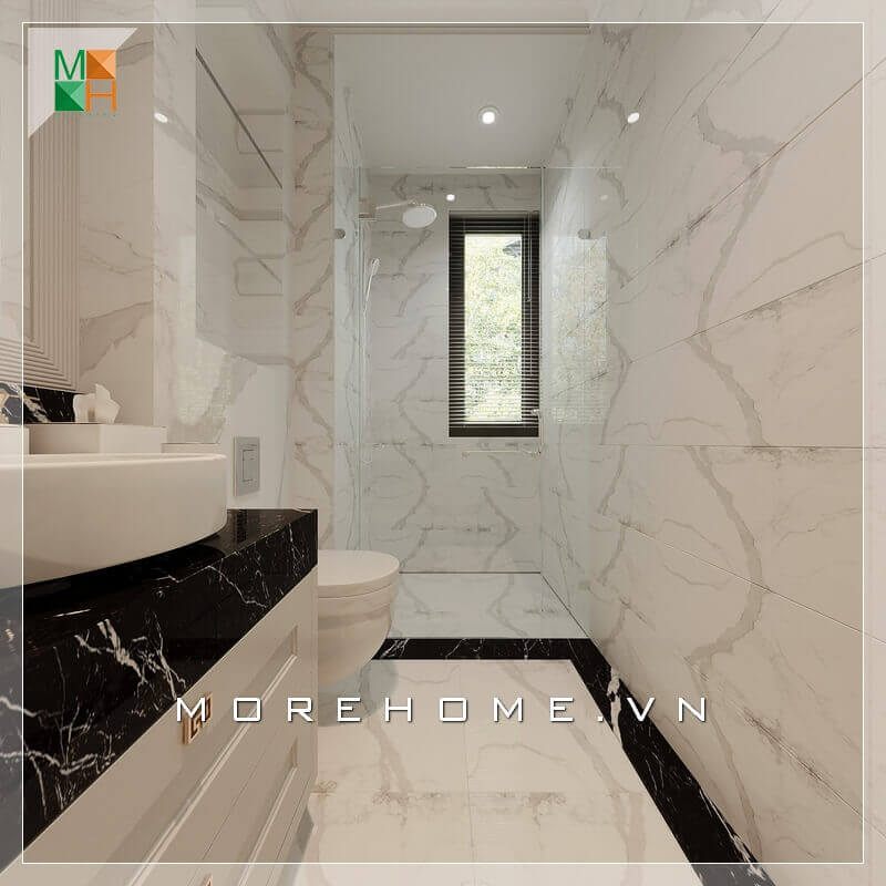 Thiết kế nhà tắm chung cư sử dụng vật liệu xây dựng gạch lát nền và ốp tường bằng gạch giả vân đá màu sáng tạo không gian phòng tắm đẹp và rộng hơn.