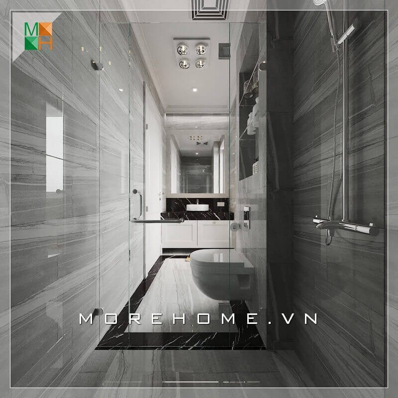 Việc sử dụng gạch lát nền và gạch ốp tường cũng hết sức sáng tạo giúp không gian phòng tắm trở nên rộng rãi và cảm giác thoải mái.