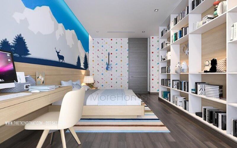 Kệ trang trí phòng ngủ trẻ đẹp, độc đáo với thiết kế tủ kệ trang trí nhiều ngăn giúp không gian trở nên thông thoáng, đẹp mắt.