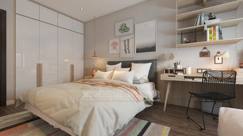 Bàn làm việc cùng kệ trang trí gỗ sồi tone sáng tạo nên góc học tập, làm việc hiện đại, trẻ trung cho phòng ngủ con gái