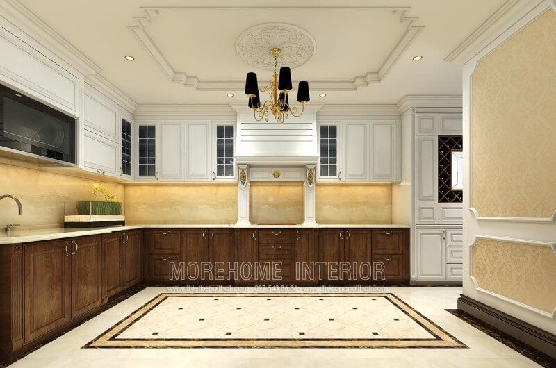 Tủ bếp gỗ óc chó kiểu dáng chữ L ấn tượng, chất liệu gỗ sồi phun sơn trắng cũng được KTS lựa chọn nhằm mang lại không gian nhà bếp nhẹ nhàng, tinh tế và không quá nặng nề, bí bách.